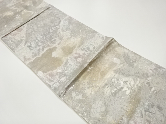 プラチナ箔花鳥に鼓・雲・流水模様織出し袋帯